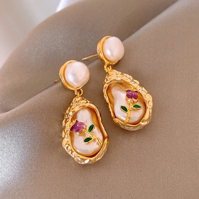 Silver Needle Oil Dripping Pearl Earrings