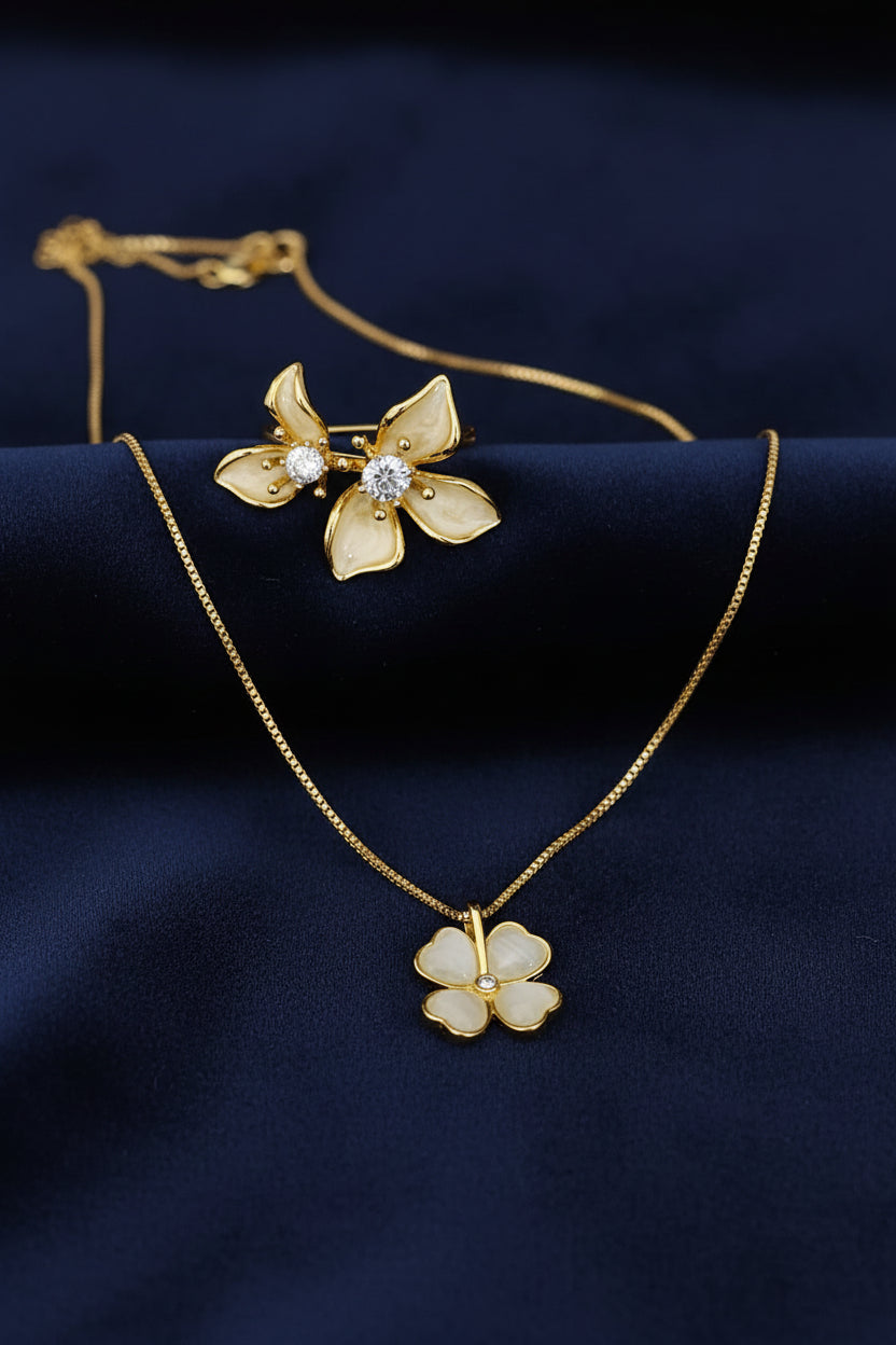 Glass Opal Clavicle Chain 14k gold plated with Enamel Drip-glazed Three Dimensional Petal Adjustable Ring SET