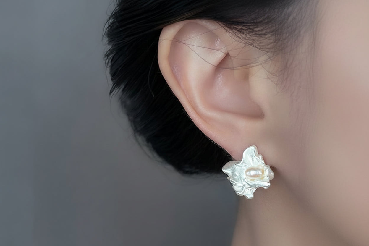 Asymmetrical Freshwater Pearl Liquid Silver Earrings