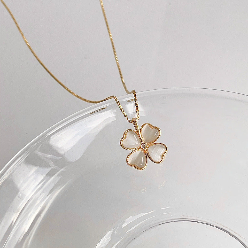Glass Opal Clavicle Chain 14k gold plated with Enamel Drip-glazed Three Dimensional Petal Adjustable Ring SET