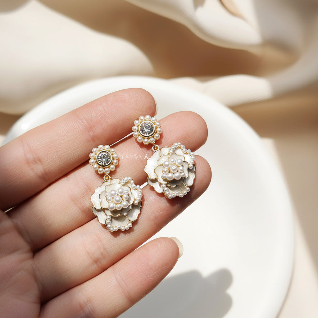 Silver Plated Camellia Pearl Earrings