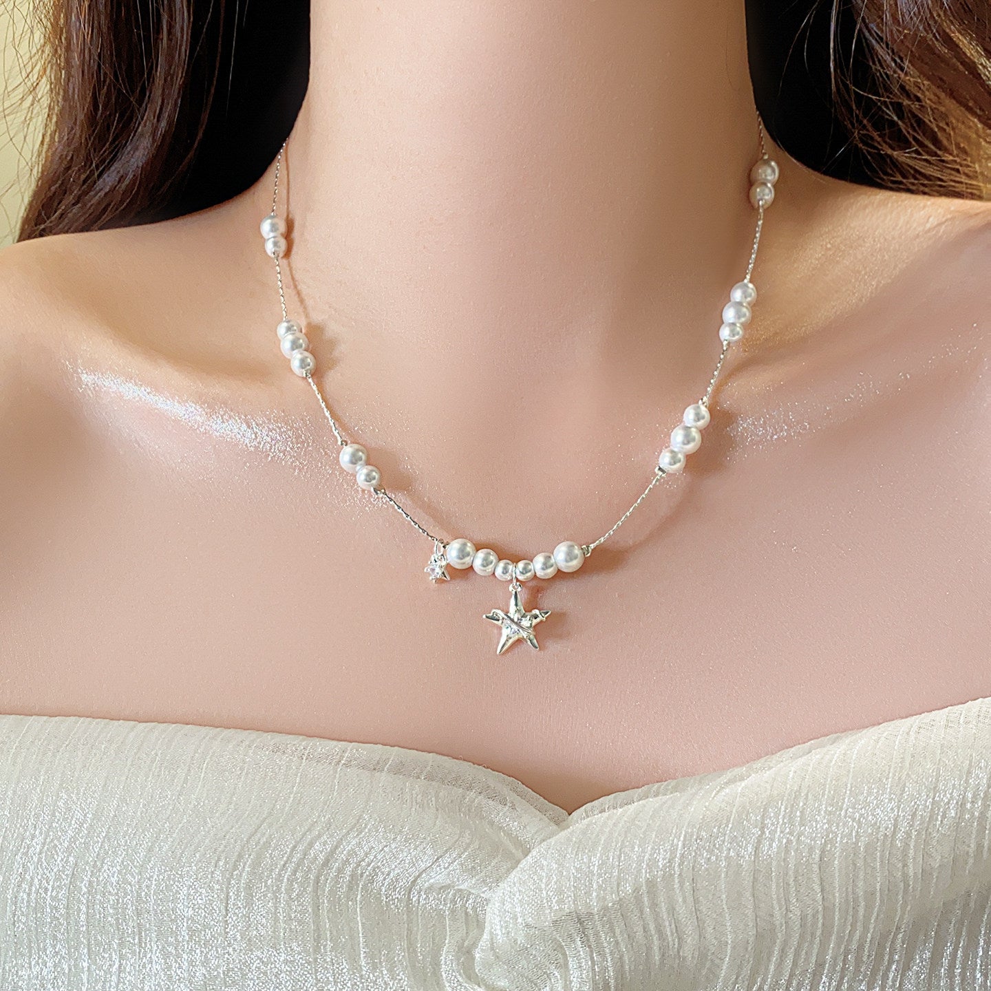Zircon Pearl Beaded star adjustable necklace