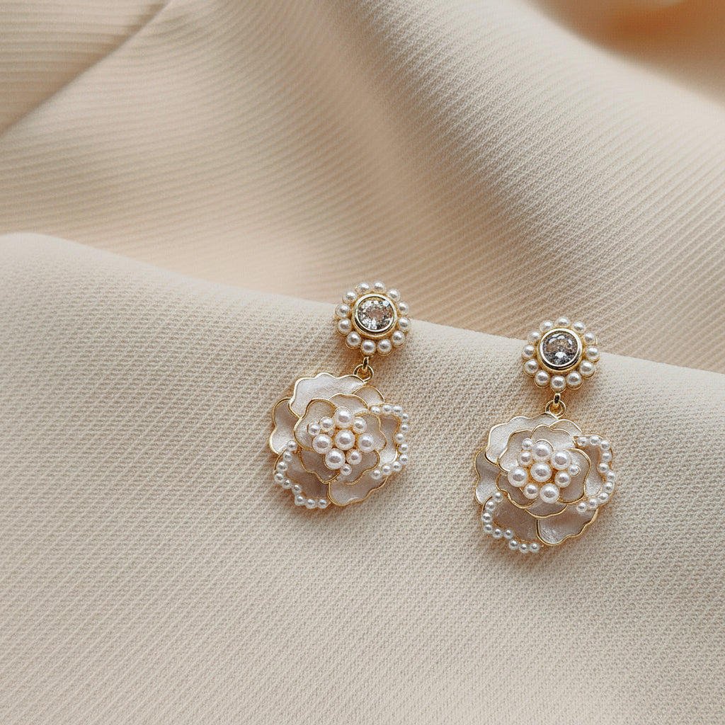 Silver Plated Camellia Pearl Earrings