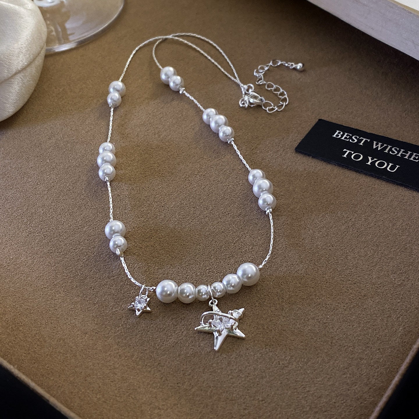 Zircon Pearl Beaded star adjustable necklace