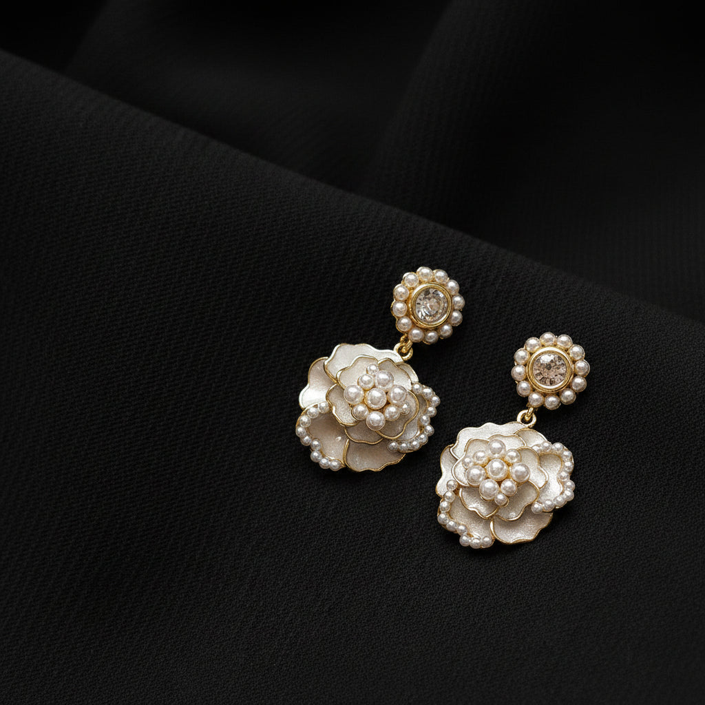 Silver Plated Camellia Pearl Earrings