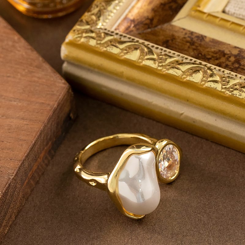 The Baroque Bloom Set With Pearl Zircon Opening Ring And C-Shaped stud earrings
