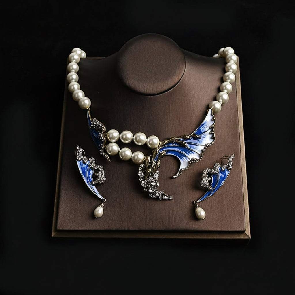 Blue Wave Pearl Alloy Necklace and Earrings Jewelry Set