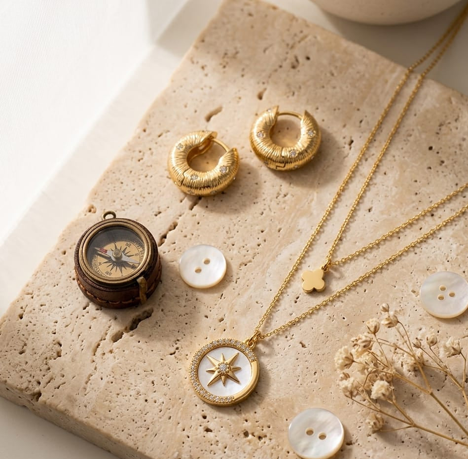 Star Pendant Tilate Golden Circle Earrings - Silver Needle