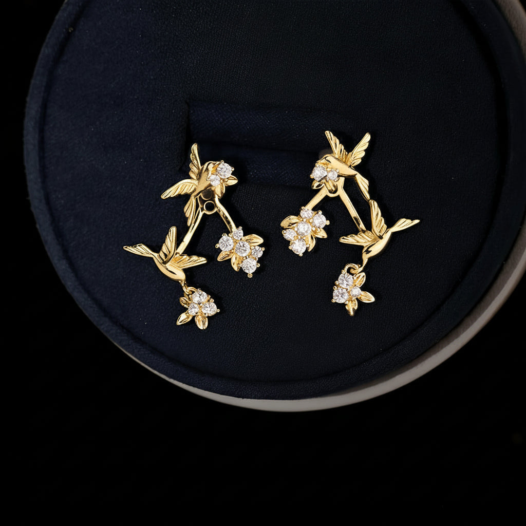 Double Bird Earrings with Zircon Inlay