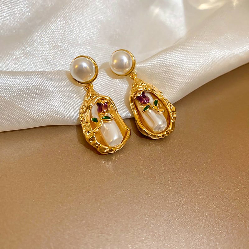 Silver Needle Oil Dripping Pearl Earrings
