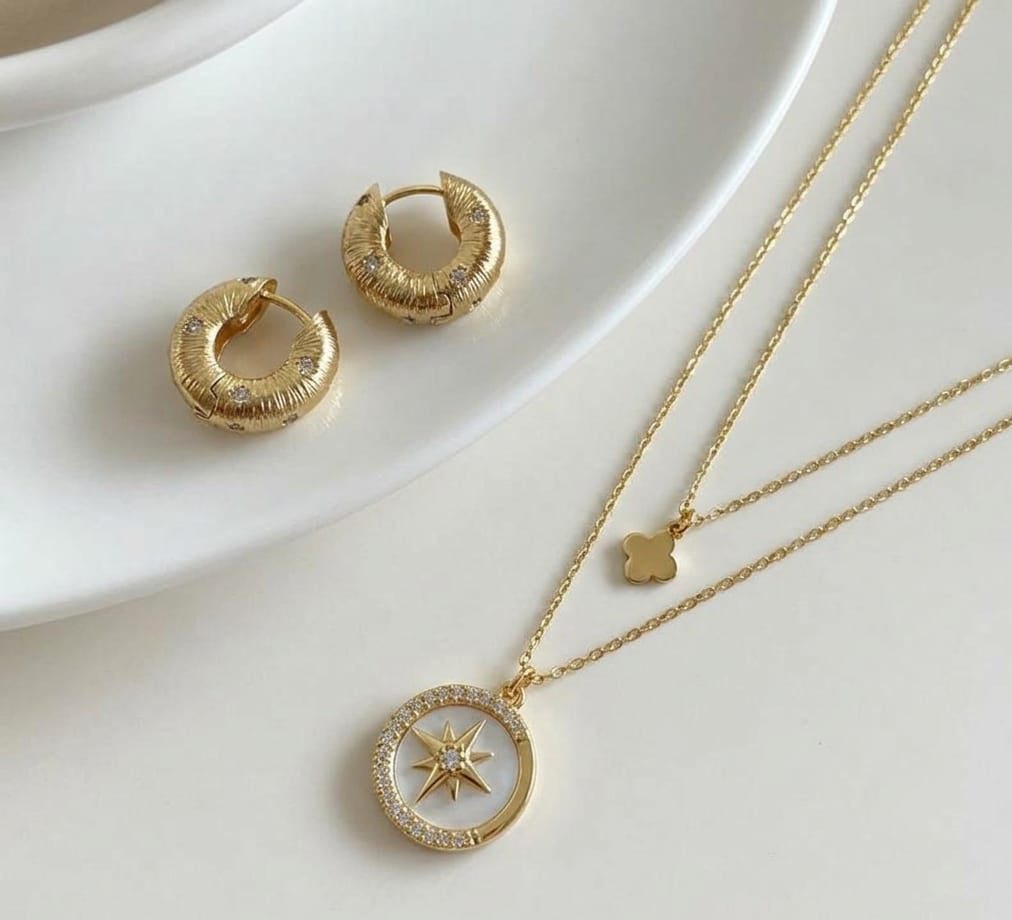 Star Pendant Tilate Golden Circle Earrings - Silver Needle