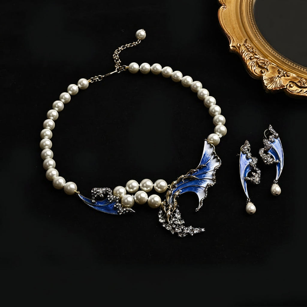 Blue Wave Pearl Alloy Necklace and Earrings Jewelry Set