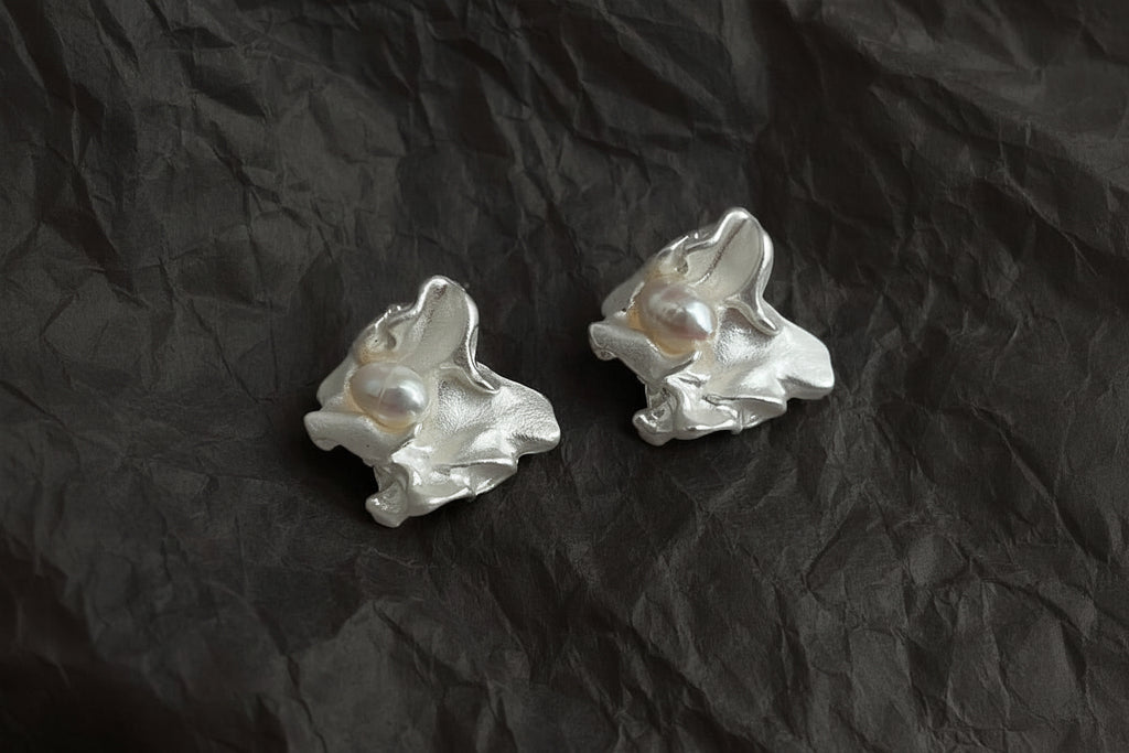 Asymmetrical Freshwater Pearl Liquid Silver Earrings