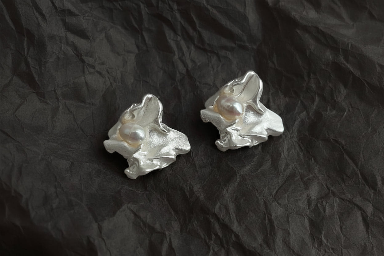 Asymmetrical Freshwater Pearl Liquid Silver Earrings