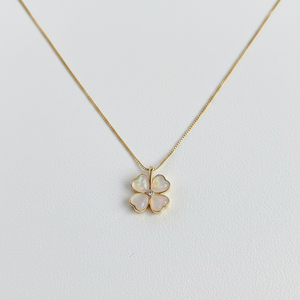 Glass Opal Clavicle Chain 14k gold plated with Enamel Drip-glazed Three Dimensional Petal Adjustable Ring SET