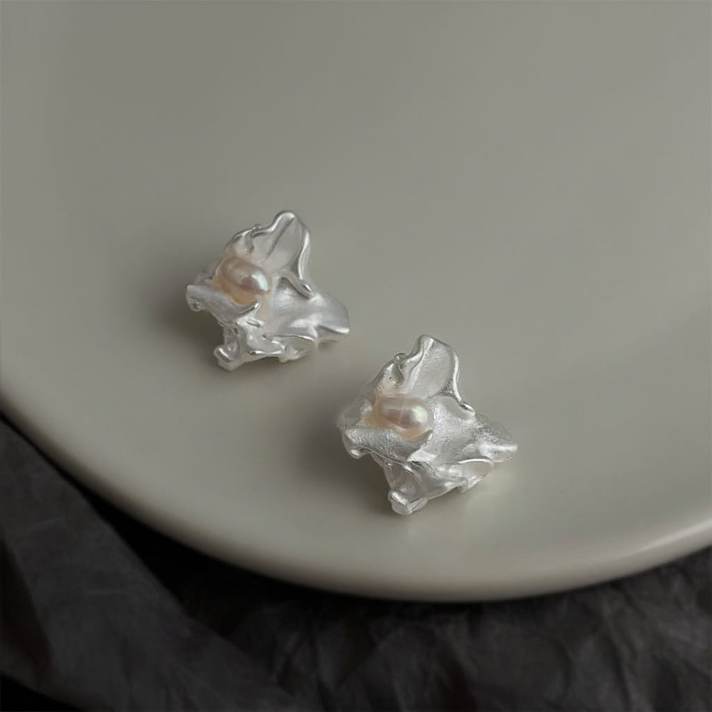 Asymmetrical Freshwater Pearl Liquid Silver Earrings