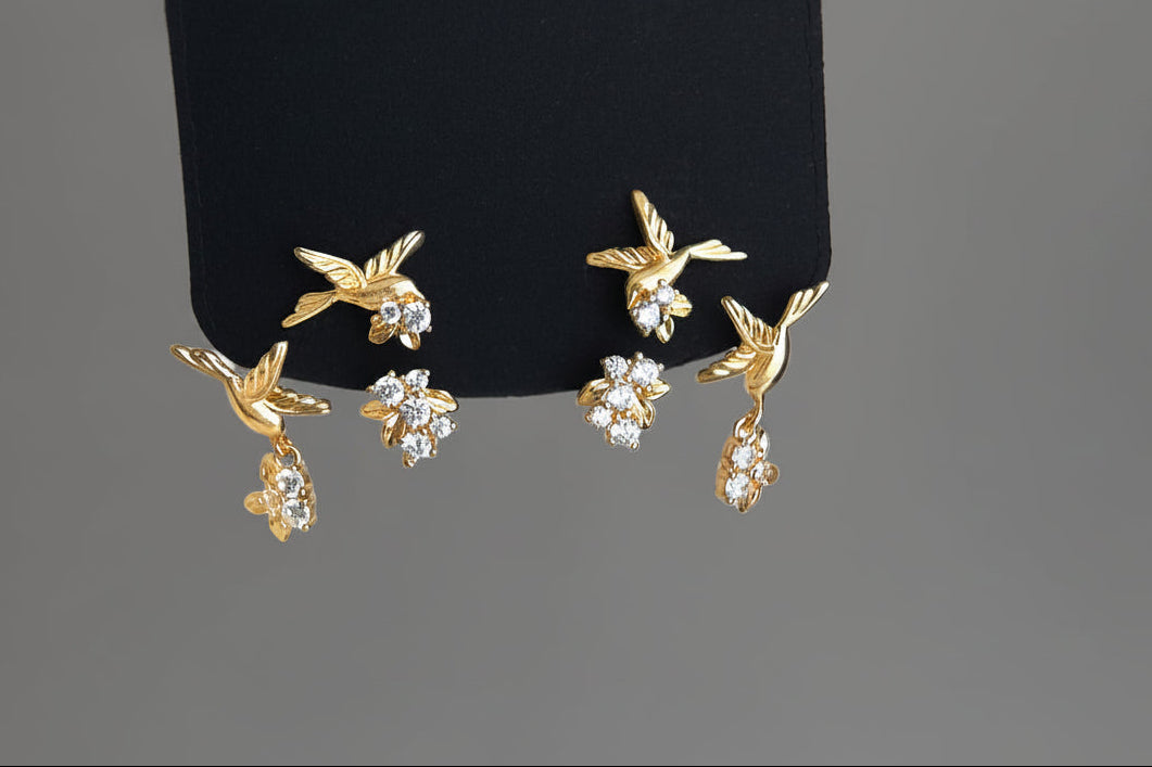 Double Bird Earrings with Zircon Inlay