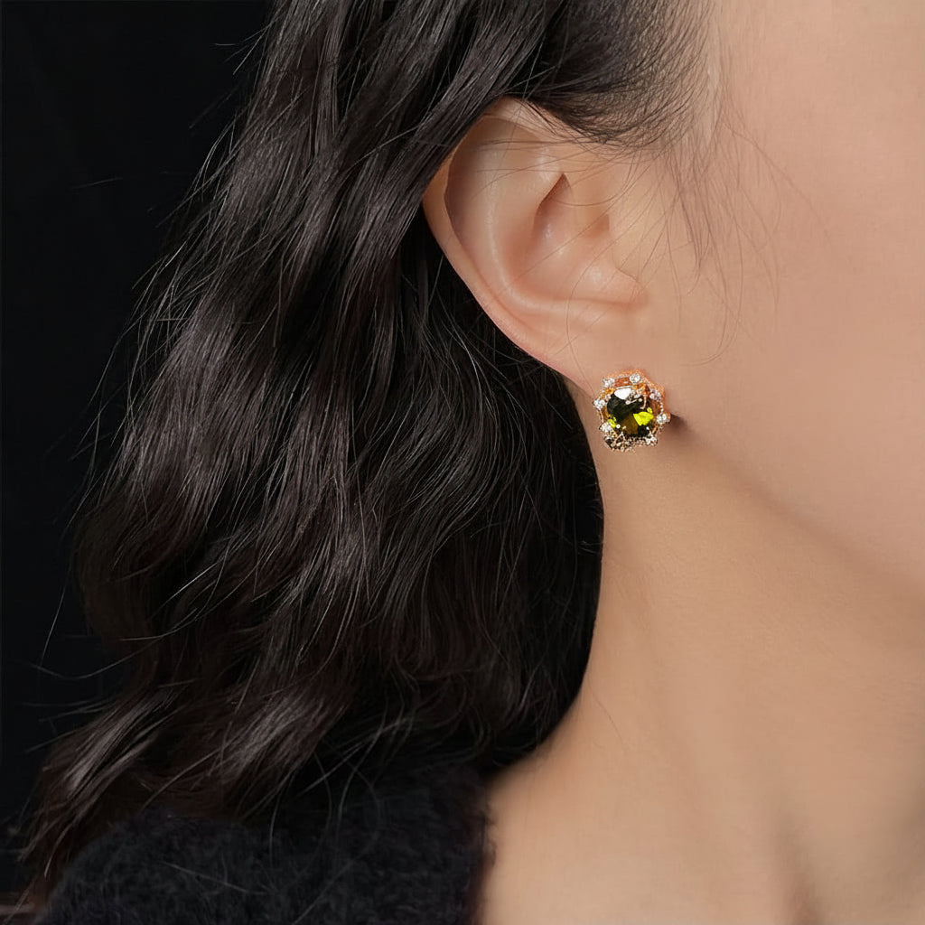 Olive Green Zircon Forest Silver-Plated Silver Needle with 14k Butterfly Wreath Design stud Earrings