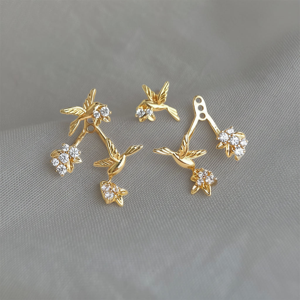 Double Bird Earrings with Zircon Inlay