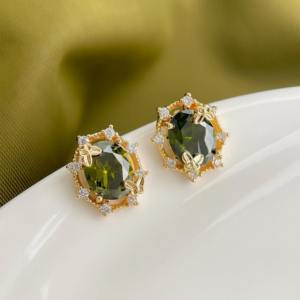 Olive Green Zircon Forest Silver-Plated Silver Needle with 14k Butterfly Wreath Design stud Earrings